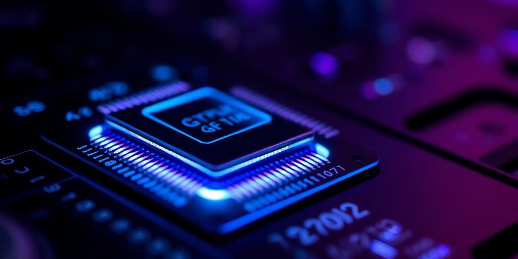 Close-up of a glowing GPU compute chip on a circuit board